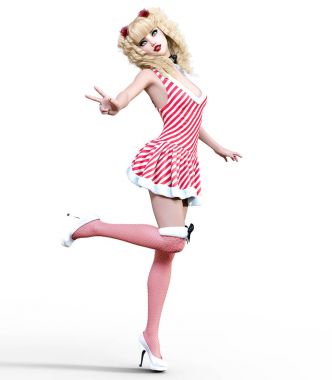 Genç güzel Noel Baba kız bebek surat. Kısa şenlikli elbise kürk, çorap, Ayakkabı. Uzun sarı saçlı. Parlak makyaj. Kavramsal moda sanat. Gerçekçi 3d render illüstrasyon. Noel, yeni yıl.