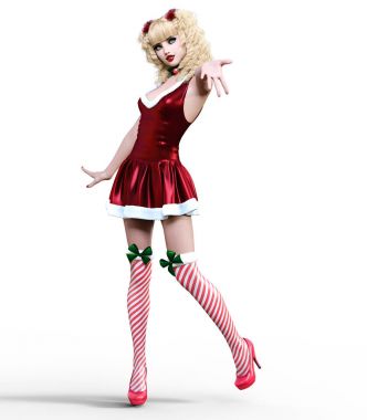 Genç güzel Noel Baba kız bebek surat. Kısa şenlikli elbise kürk, çorap, Ayakkabı. Uzun sarı saçlı. Parlak makyaj. Kavramsal moda sanat. Gerçekçi 3d render illüstrasyon. Noel, yeni yıl.