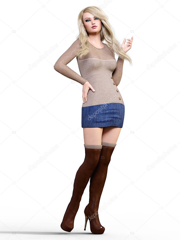 3D beautiful blonde in short dress and long boots. Bright makeup. Woman studio photography. High heel. Conceptual fashion art. Seductive candid pose. Realistic render illustration. Isolate.
