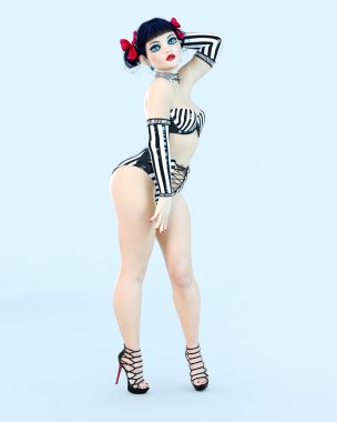 3D seksi kız bebek büyük mavi gözleri ve parlak makyaj. Kadın retro tarzı siyah şort. Yüksek topuk. Koyu saç yay. Kavramsal moda sanat. Baştan çıkarıcı samimi poz. Gerçekçi render illüstrasyon.