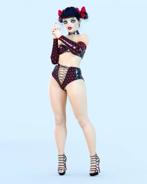 3D seksi kız bebek büyük mavi gözleri ve parlak makyaj. Kadın retro tarzı siyah ve kırmızı şort. Yüksek topuk. Koyu saç yay. Kavramsal moda sanat. Baştan çıkarıcı samimi poz. Gerçekçi render illüstrasyon.