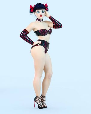 3D seksi kız bebek büyük mavi gözleri ve parlak makyaj. Kadın retro tarzı siyah ve kırmızı şort. Yüksek topuk. Koyu saç yay. Kavramsal moda sanat. Baştan çıkarıcı samimi poz. Gerçekçi render illüstrasyon.