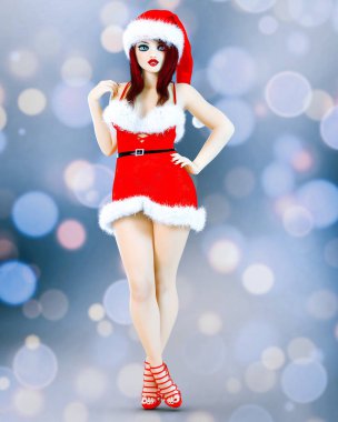 Genç güzel Santa ile seksi kız bebek surat. Kısa şenlikli kırmızı elbise kürk, ayakkabılar. Uzun kızıl saçlı. Parlak makyaj. Kavramsal moda sanat. Gerçekçi 3d çizim. Noel, yeni yıl. Kar kızlık