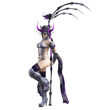 Kötü büyücü maskesi boynuzları. Gotik savaşçı kadını. Büyülü koruyucu zırh. Kaslı atletik vücut. Gerçekçi 3d render illüstrasyon izole et. Merhaba anahtar.