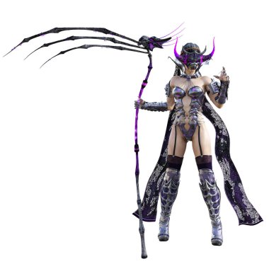 Kötü büyücü maskesi boynuzları. Gotik savaşçı kadını. Büyülü koruyucu zırh. Kaslı atletik vücut. Gerçekçi 3d render illüstrasyon izole et. Merhaba anahtar.