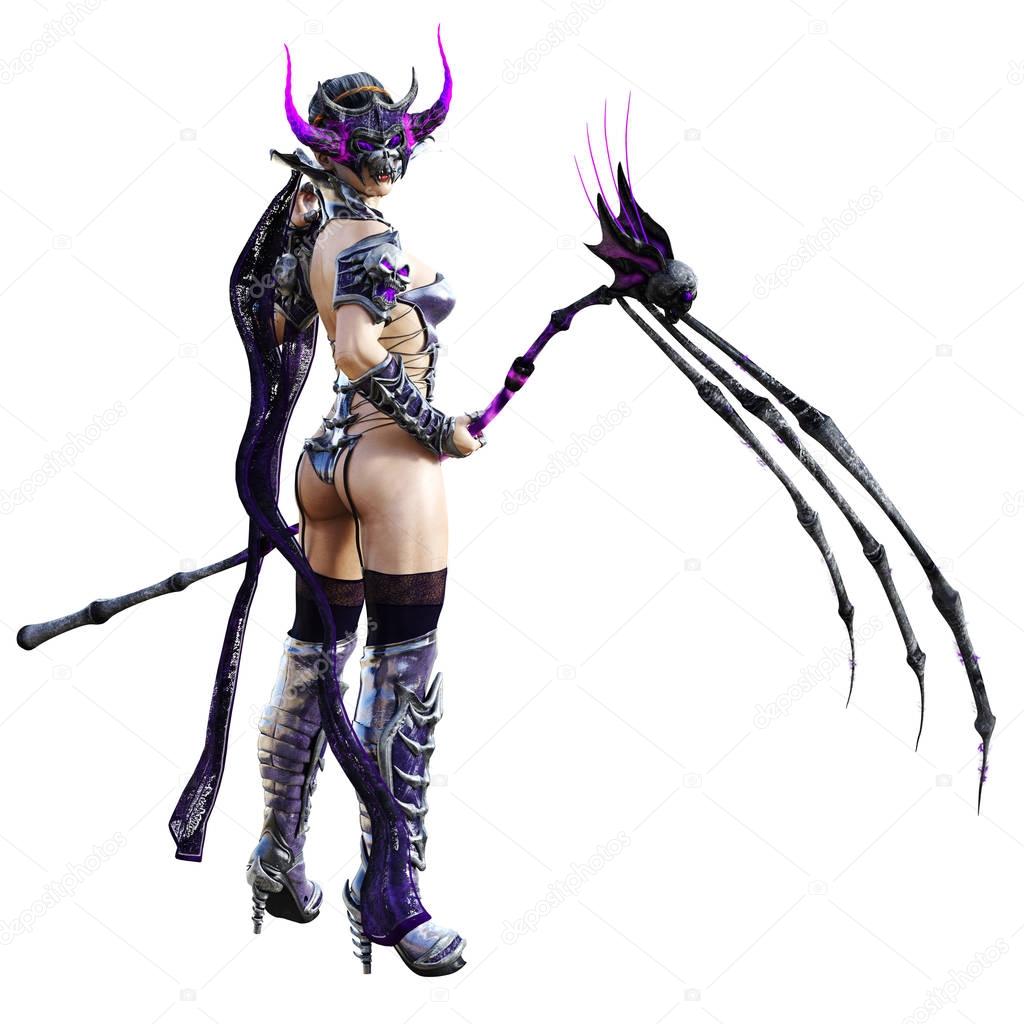 Evil sorceress mask horns. Gothic warrior woman. Magical protective armor. Muscular athletic body. Realistic 3D rendering isolate illustration. Hi key.