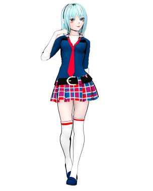 3D seksi anime bebek Japon anime schoolgirl büyük mavi gözleri ve parlak makyaj. Etek kafes. Çizgi film, çizgi roman, kroki, çizim, manga çizim. Kavramsal moda sanat. Baştan çıkarıcı samimi poz.