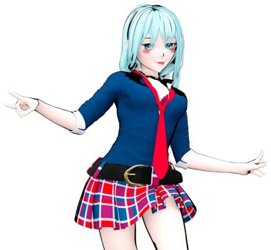 3D seksi anime bebek Japon anime schoolgirl büyük mavi gözleri ve parlak makyaj. Etek kafes. Çizgi film, çizgi roman, kroki, çizim, manga çizim. Kavramsal moda sanat. Baştan çıkarıcı samimi poz.