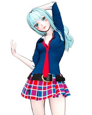 3D seksi anime bebek Japon anime schoolgirl büyük mavi gözleri ve parlak makyaj. Etek kafes. Çizgi film, çizgi roman, kroki, çizim, manga çizim. Kavramsal moda sanat. Baştan çıkarıcı samimi poz.