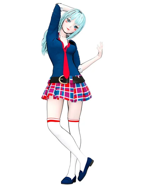 3D sexy anime doll japanese anime schoolgirl big blue eyes and bright makeup. Skirt cage. Cartoon, comics, sketch, drawing, manga illustration. Conceptual fashion art. Seductive candid pose.