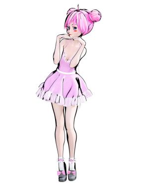 3D seksi anime bebek kız büyük mavi gözleri ve parlak makyaj. Çizgi film, çizgi roman, kroki, çizim, manga çizim. Kavramsal moda sanat. Baştan çıkarıcı samimi poz.
