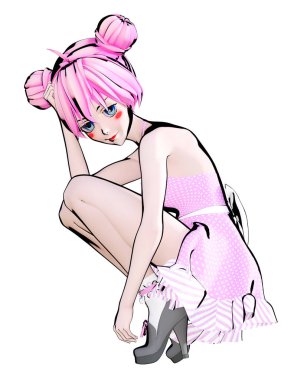 3D seksi anime bebek kız büyük mavi gözleri ve parlak makyaj. Çizgi film, çizgi roman, kroki, çizim, manga çizim. Kavramsal moda sanat. Baştan çıkarıcı samimi poz.