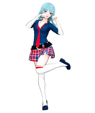 3D seksi anime bebek Japon anime schoolgirl büyük mavi gözleri ve parlak makyaj. Etek kafes. Çizgi film, çizgi roman, kroki, çizim, manga çizim. Kavramsal moda sanat. Baştan çıkarıcı samimi poz.