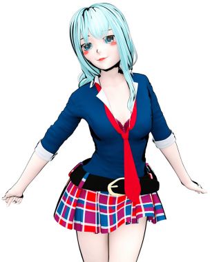 3D seksi anime bebek Japon anime schoolgirl büyük mavi gözleri ve parlak makyaj. Etek kafes. Çizgi film, çizgi roman, kroki, çizim, manga çizim. Kavramsal moda sanat. Baştan çıkarıcı samimi poz.