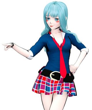 3D seksi anime bebek Japon anime schoolgirl büyük mavi gözleri ve parlak makyaj. Etek kafes. Çizgi film, çizgi roman, kroki, çizim, manga çizim. Kavramsal moda sanat. Baştan çıkarıcı samimi poz.