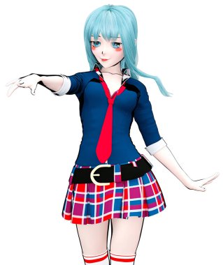 3D seksi anime bebek Japon anime schoolgirl büyük mavi gözleri ve parlak makyaj. Etek kafes. Çizgi film, çizgi roman, kroki, çizim, manga çizim. Kavramsal moda sanat. Baştan çıkarıcı samimi poz.