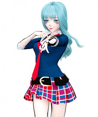 3D seksi anime bebek Japon anime schoolgirl büyük mavi gözleri ve parlak makyaj. Etek kafes. Çizgi film, çizgi roman, kroki, çizim, manga çizim. Kavramsal moda sanat. Baştan çıkarıcı samimi poz.