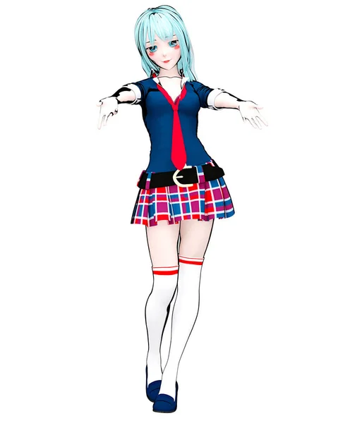 3D sexy anime doll japanese anime schoolgirl big blue eyes and bright makeup. Skirt cage. Cartoon, comics, sketch, drawing, manga illustration. Conceptual fashion art. Seductive candid pose.