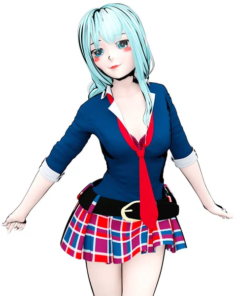 3D sexy anime doll japanese anime schoolgirl big blue eyes and bright makeup. Skirt cage. Cartoon, comics, sketch, drawing, manga illustration. Conceptual fashion art. Seductive candid pose.