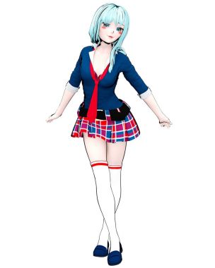 3D seksi anime bebek Japon anime schoolgirl büyük mavi gözleri ve parlak makyaj. Etek kafes. Çizgi film, çizgi roman, kroki, çizim, manga çizim. Kavramsal moda sanat. Baştan çıkarıcı samimi poz.