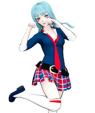 3D seksi anime bebek Japon anime schoolgirl büyük mavi gözleri ve parlak makyaj. Etek kafes. Çizgi film, çizgi roman, kroki, çizim, manga çizim. Kavramsal moda sanat. Baştan çıkarıcı samimi poz.