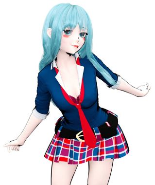 3D seksi anime bebek Japon anime schoolgirl büyük mavi gözleri ve parlak makyaj. Etek kafes. Çizgi film, çizgi roman, kroki, çizim, manga çizim. Kavramsal moda sanat. Baştan çıkarıcı samimi poz.