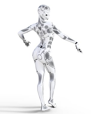 Robot kadın. Beyaz metal droid. Yapay zeka. Kavramsal moda sanat. Gerçekçi 3d render illüstrasyon. Stüdyo, ayrı tutma, yüksek anahtar.