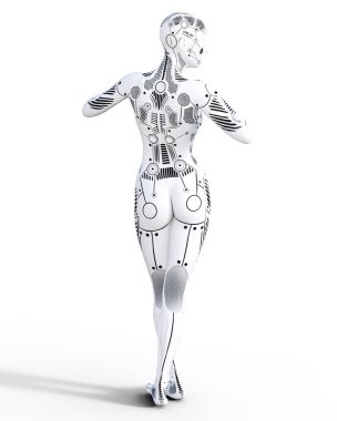 Robot kadın. Beyaz metal droid. Yapay zeka. Kavramsal moda sanat. Gerçekçi 3d render illüstrasyon. Stüdyo, ayrı tutma, yüksek anahtar.