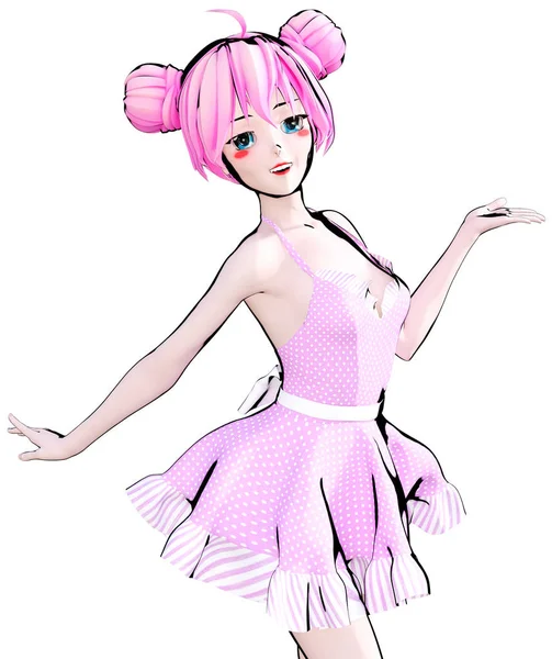 Sexy Anime Doll Girl Big Blue Eyes Bright Makeup Pink — Stock Photo, Image