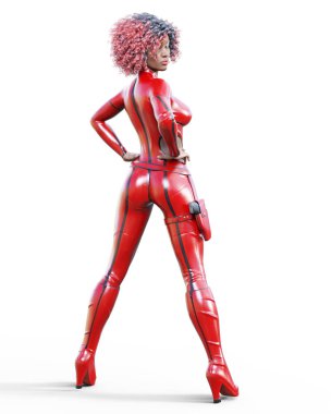 3D güzel uzun boylu kadın deri kırmızı elbise. Lateks sıkı uygun takım elbise. Silah tabanca kılıfı içinde. Kız stüdyo fotoğrafçılığı. Yüksek topuk. Kavramsal moda sanat. Baştan çıkarıcı samimi poz. Gerçekçi illüstrasyon. 