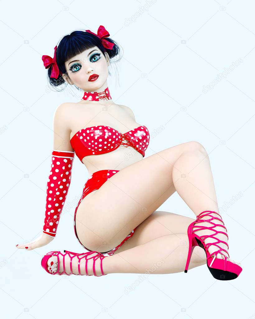 3D sexy girl doll big blue eyes and bright makeup. Woman retro style red shorts. High heel. Bow dark hair. Conceptual fashion art. Seductive candid pose. Realistic render illustration.
