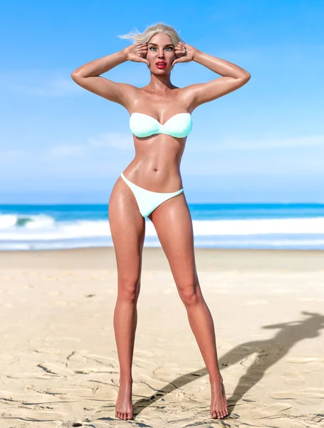 3D beautiful sun-tanned woman turquoise swimsuit bikini on sea beach. Summer rest. Blue ocean background. Sunny day. Conceptual fashion art. Seductive candid pose. Realistic render illustration.