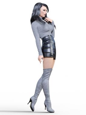 3D güzel kadın kısa siyah deri etek ve uzun çizmeler. Gri kazak. Parlak makyaj. Kadın stüdyo fotoğrafçılığı. Yüksek topuk. Kavramsal moda sanat. Baştan çıkarıcı samimi poz. Gerçekçi render illüstrasyon