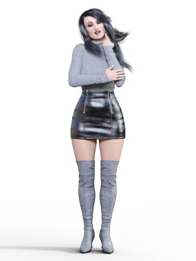 3D güzel kadın kısa siyah deri etek ve uzun çizmeler. Gri kazak. Parlak makyaj. Kadın stüdyo fotoğrafçılığı. Yüksek topuk. Kavramsal moda sanat. Baştan çıkarıcı samimi poz. Gerçekçi render illüstrasyon