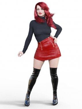 3D güzel kadın kısa kırmızı deri etek ve uzun çizmeler. Siyah kazak. Parlak makyaj. Kadın stüdyo fotoğrafçılığı. Yüksek topuk. Kavramsal moda sanat. Baştan çıkarıcı samimi poz. Gerçekçi render illüstrasyon