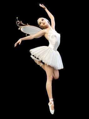 Dans eden balerin 3d. Beyaz bale tutu. Mavi gözlü sarışın kız. Bale dansçısı. Stüdyo fotoğrafçılığı. Yüksek anahtar. Kavramsal moda sanat. Gerçekçi çizim render. Siyah arka plan.