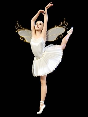 Dans eden balerin 3d. Beyaz bale tutu. Mavi gözlü sarışın kız. Bale dansçısı. Stüdyo fotoğrafçılığı. Yüksek anahtar. Kavramsal moda sanat. Gerçekçi çizim render. Siyah arka plan.