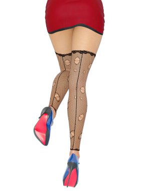 Uzun ince seksi bacaklar kadın. Kısa etek. Siyah çorap örgü. Yüksek topuklu ayakkabılar. Ofis sekreteri. Kışkırtıcı kurtarılmış poz. 3D render. İzole et. Kavramsal moda sanat.