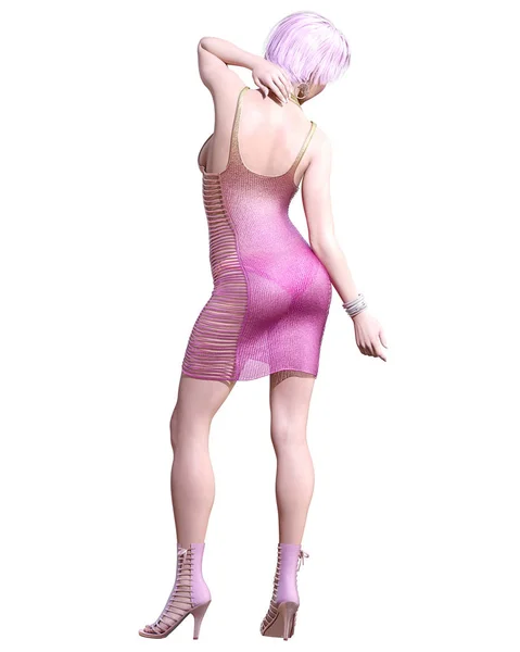 高性感的女人在粉红色的光透明的夏季礼服 概念时尚艺术 诱人的坦率的姿态 逼真的3D 渲染插图 工作室 — 图库照片