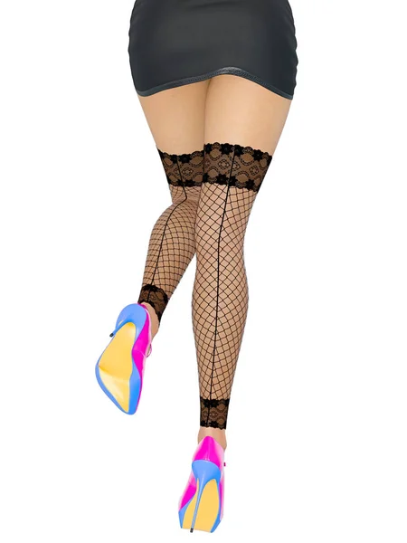 Длинные Стройные Сексуальные Ноги Женщина Короткая Юбка Черные Чулки Сетка — стоковое фото