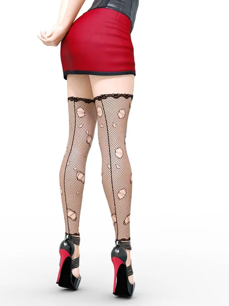 Длинные Стройные Сексуальные Ноги Женщина Короткая Юбка Черные Чулки Сетка — стоковое фото