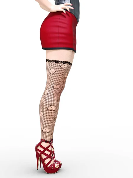 Długie Smukłe Nogi Sexy Kobieta Krótka Spódniczka Czarne Pończochy Siatki — Zdjęcie stockowe