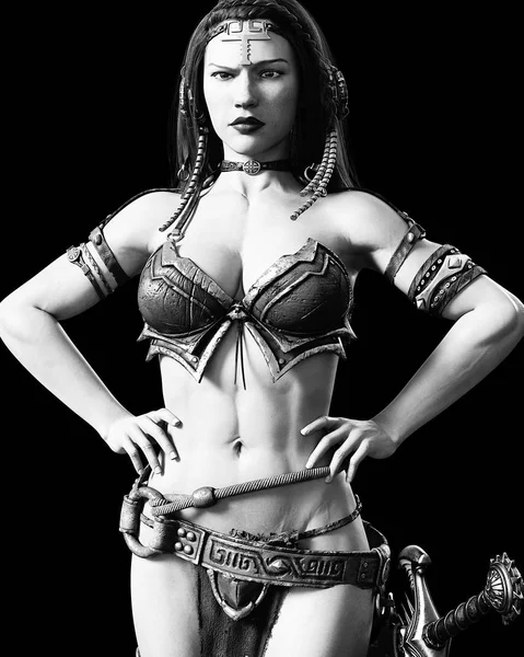 Warrior amazon woman with sword. Long dark hair.Muscular athletic body.Girl standing candid provocative aggressive pose.Conceptual fashion art.Realistic 3D rendering isolate illustration.Black white.