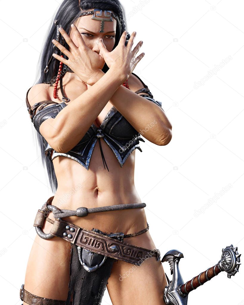 Warrior amazon woman with sword. Long dark hair. Muscular athletic body. Girl standing candid provocative aggressive pose. Conceptual fashion art. Realistic 3D rendering isolate illustration. Hi key.