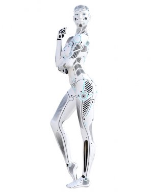 Robot kadın. Beyaz metal droid. Android kız. Yapay zeka. Kavramsal moda sanat. Gerçekçi 3d render illüstrasyon. Stüdyo, ayrı tutma, yüksek anahtar.