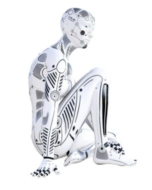 Robot kadın. Beyaz metal droid. Android kız. Yapay zeka. Kavramsal moda sanat. Gerçekçi 3d render illüstrasyon. Stüdyo, ayrı tutma, yüksek anahtar.