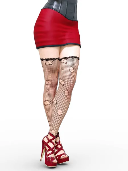 Largas Piernas Delgadas Sexy Mujer Short Rojo Skirt Black Medias —  Fotos de Stock