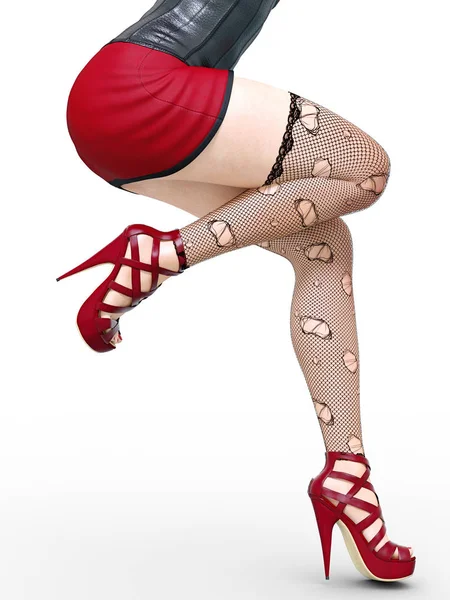 Длинные Стройные Сексуальные Ноги Женщины Шорты Красные Черные Чулки Сетки — стоковое фото
