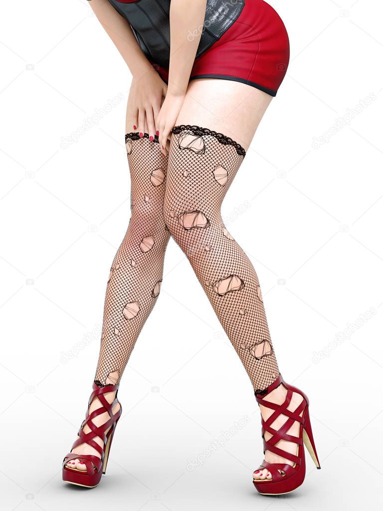 Long slender sexy legs woman.Short red skirt.Black stockings mesh.High heels.Office secretary.Provocative liberated pose.3D rendering.Isolate.Conceptual fashion art.Collection summer clothes
