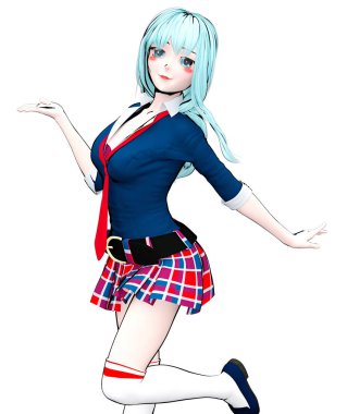 3D seksi anime bebek Japon anime schoolgirl büyük mavi gözleri ve parlak makyaj. Etek kafes. Çizgi film, çizgi roman, kroki, çizim, manga çizim. Kavramsal moda sanat. Baştan çıkarıcı samimi poz.